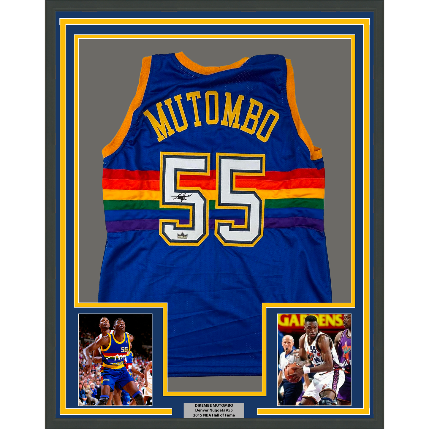 Framed Facsimile Autographed Dikembe Mutombo 35x39 Denver Blue Reprint Laser Auto Basketball Jersey