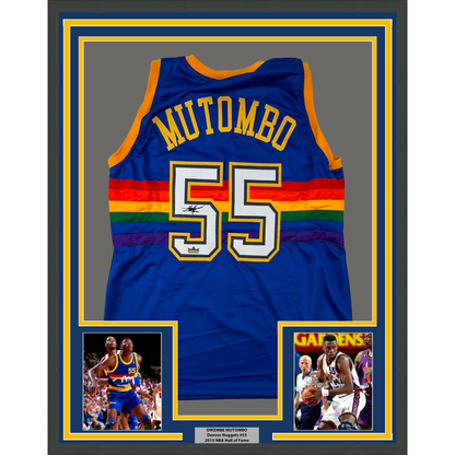Framed Facsimile Autographed Dikembe Mutombo 35x39 Denver Blue Reprint Laser Auto Basketball Jersey