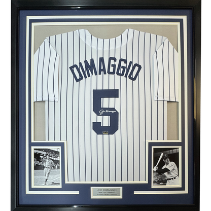Framed Facsimile Autographed Joe DiMaggio 35x39 New York Pinstripe Reprint Laser Auto Baseball Jersey