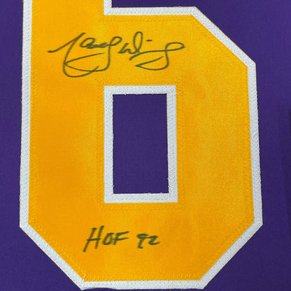 Framed Autographed/Signed Marcel Dionne HOF 92 35x39 Los Angeles LA Purple Hockey Jersey JSA COA