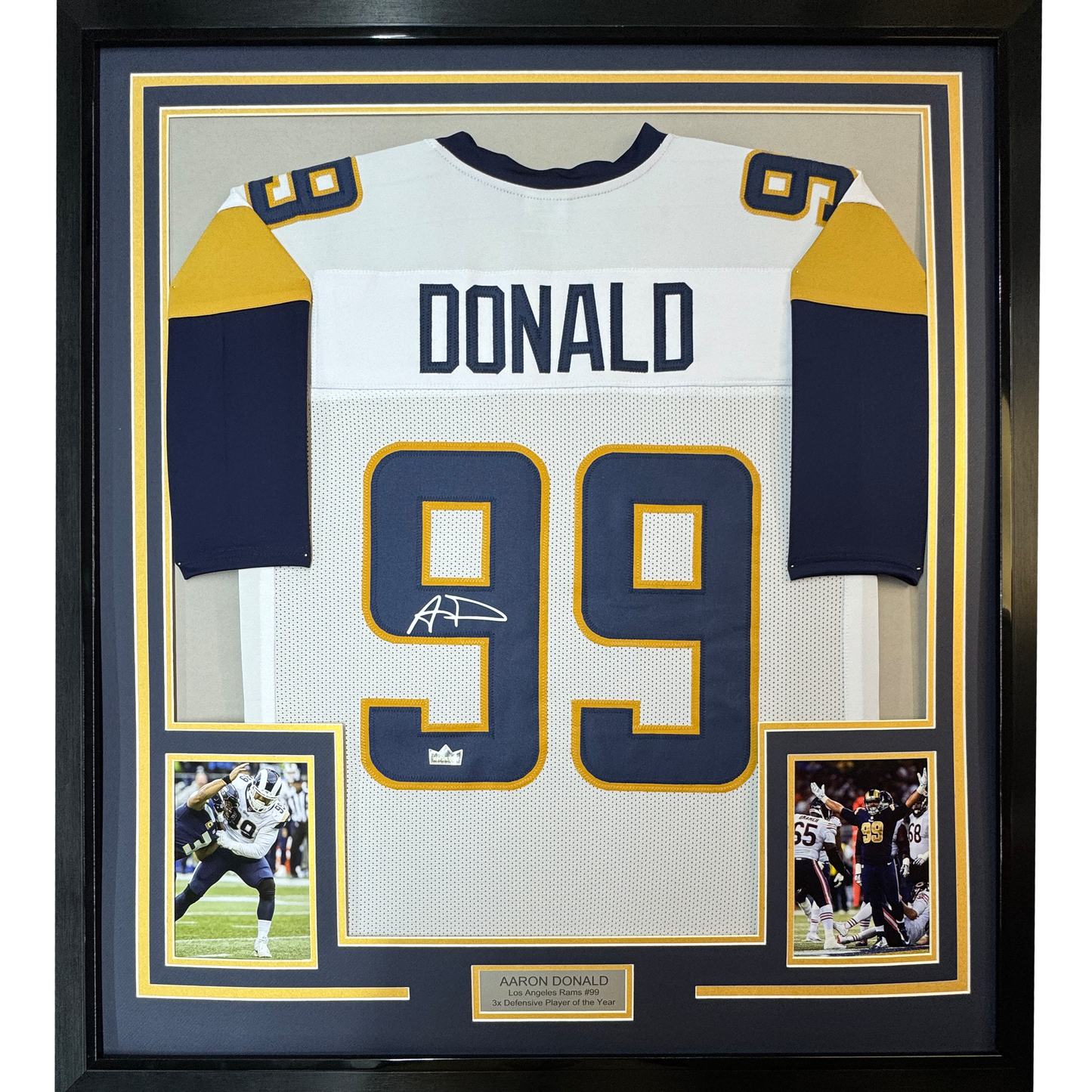 Framed Facsimile Autographed Aaron Donald 35x39 Los Angeles LA White Reprint Laser Auto Football Jersey