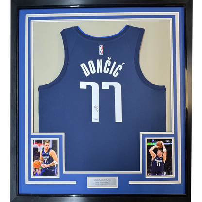Framed Autographed/Signed Luka Doncic 35x39 Dallas Mavericks Dark Blue Authentic Basketball Jersey Fanatics COA