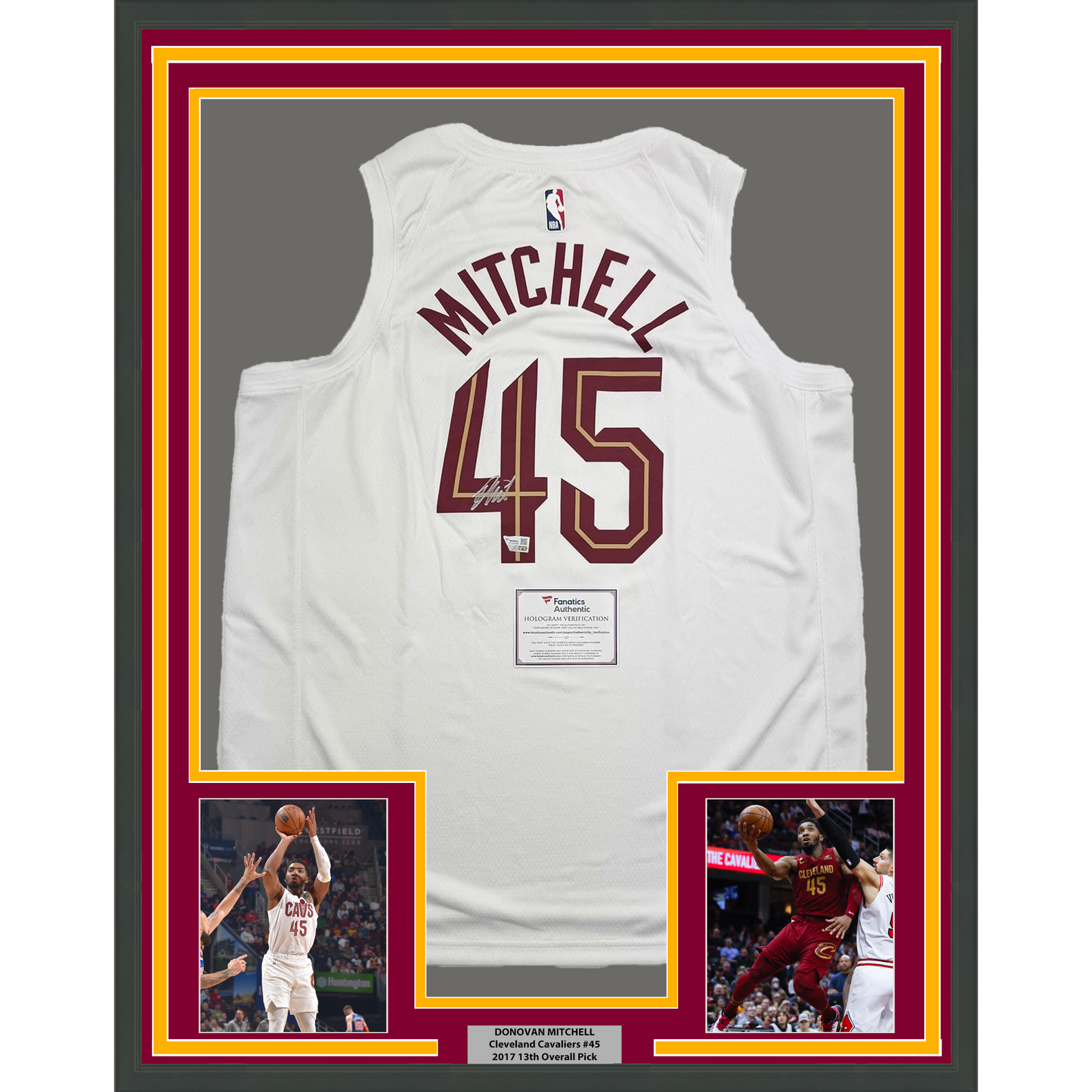 Framed Autographed/Signed Donovan Mitchell 35x39 Cleveland Cavaliers White Basketball Jersey Fanatics COA