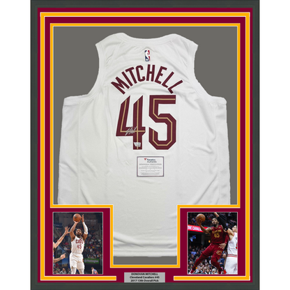 Framed Autographed/Signed Donovan Mitchell 35x39 Cleveland Cavaliers White Basketball Jersey Fanatics COA