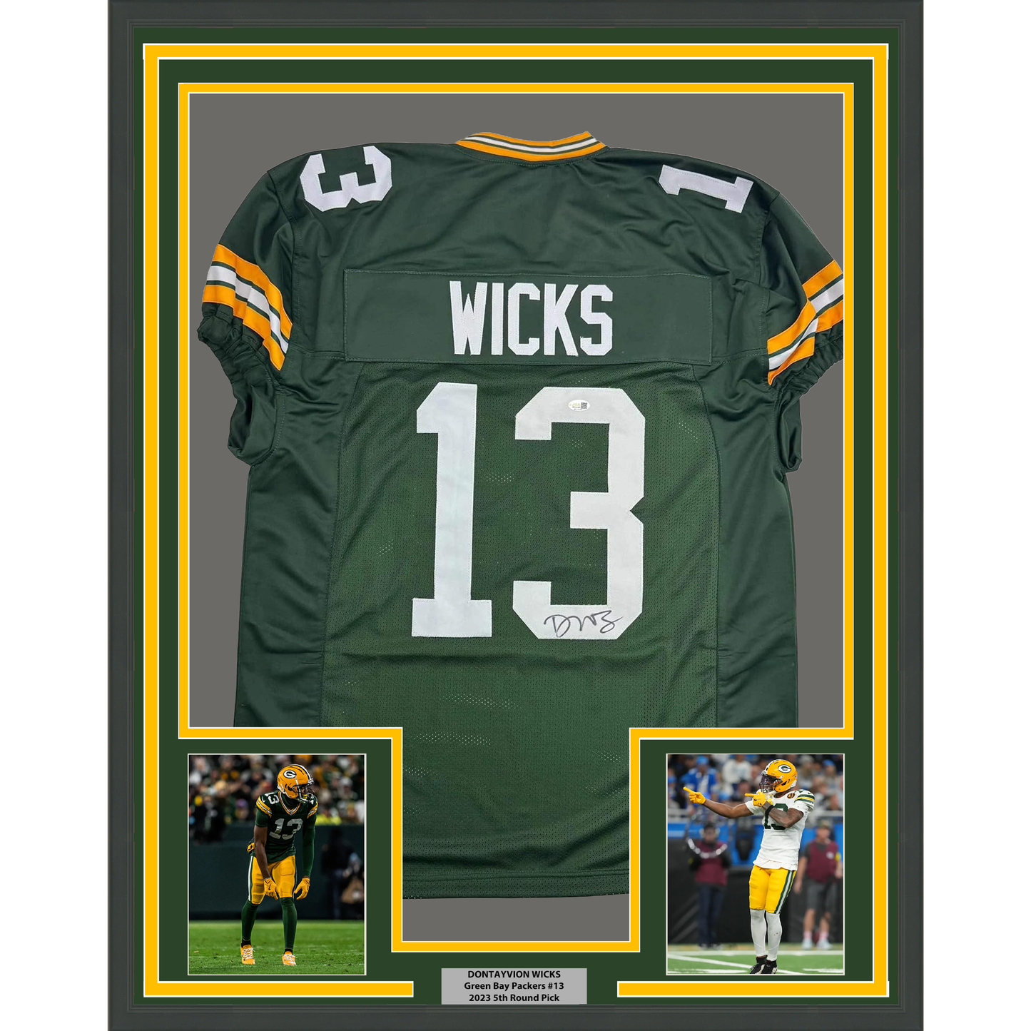 Framed Autographed/Signed Dontayvion Wicks 35x39 Green Bay Green Football Jersey JSA COA