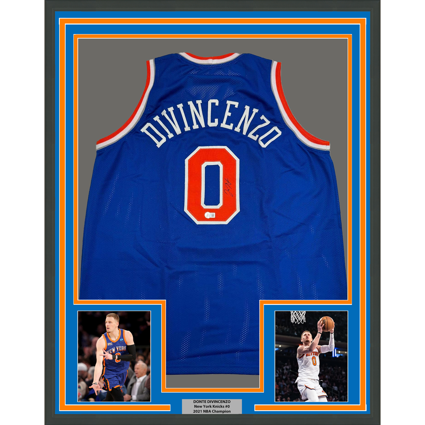 Framed Autographed/Signed Donte Divincenzo 35x39 New York Blue Basketball Jersey Beckett BAS COA