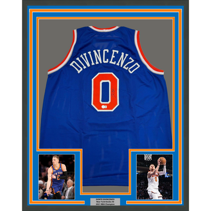 Framed Autographed/Signed Donte Divincenzo 35x39 New York Blue Basketball Jersey Beckett BAS COA