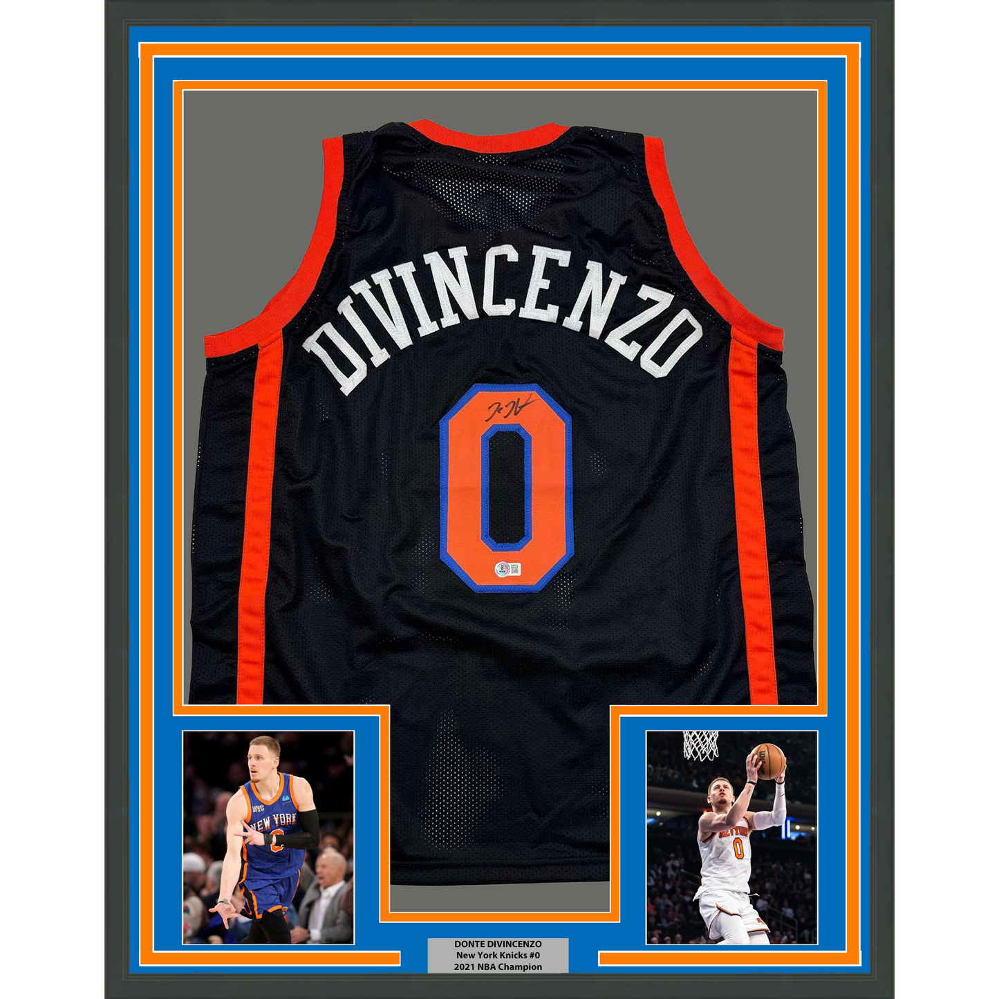 Framed Autographed/Signed Donte Divincenzo 35x39 New York Black Basketball Jersey Beckett BAS COA
