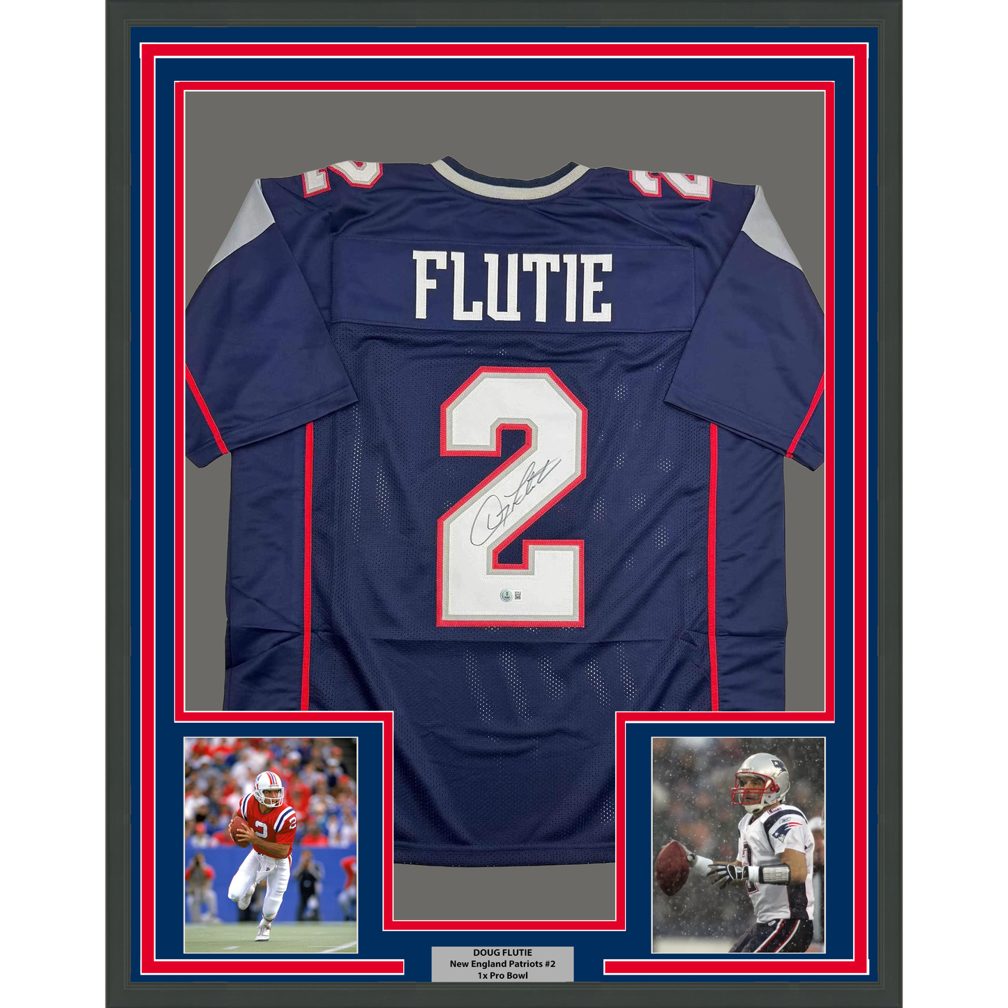 Framed Autographed/Signed Doug Flutie 35x39 New England Blue Football Jersey Beckett BAS COA