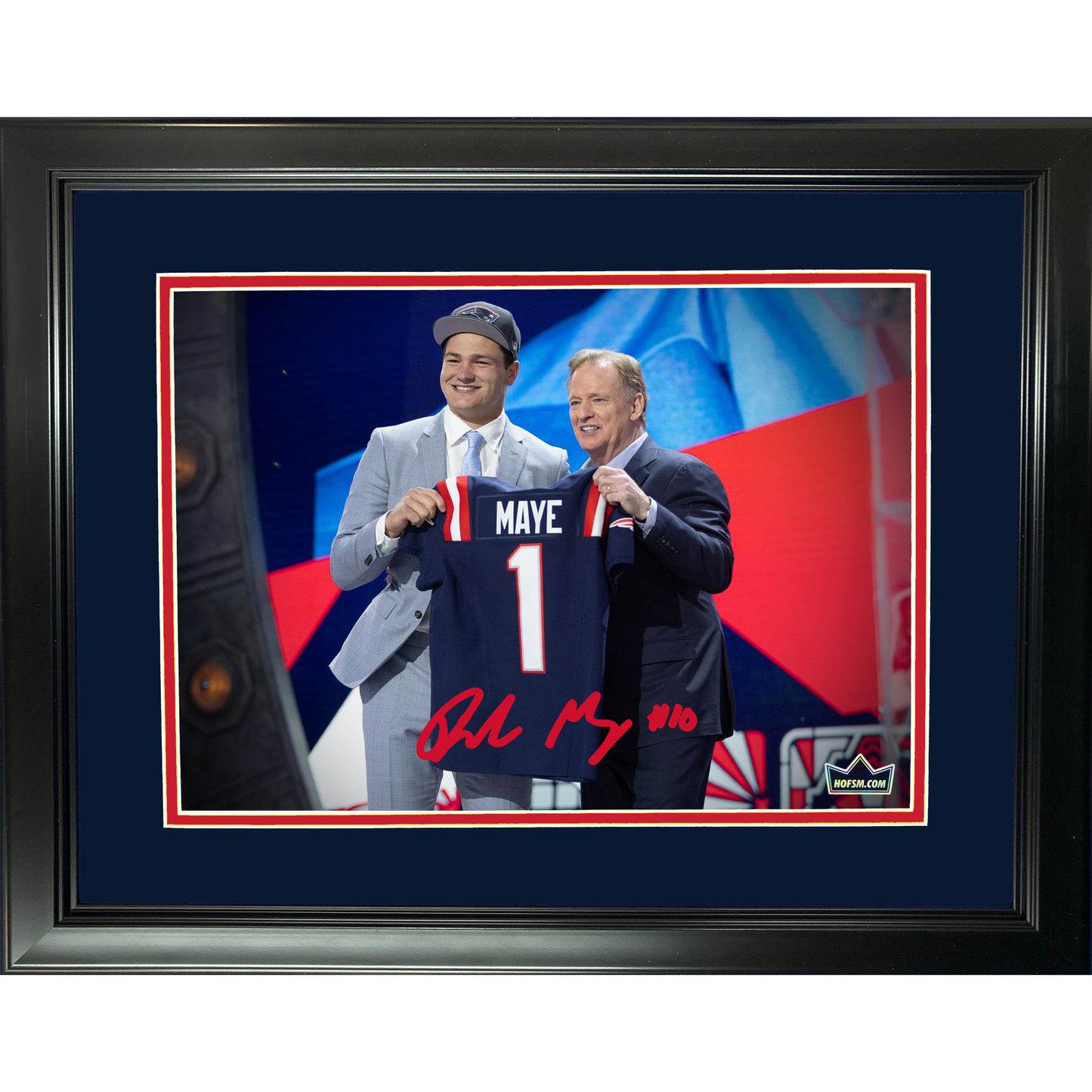 Framed Drake Maye Draft Facsimile Laser Engraved Signature Auto New England Patriots 11"x14" Football Photo HOFSM Holo