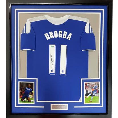 Framed Autographed/Signed Didier Drogba 35x39 Chelsea FC Blue Soccer Futbol Jersey Beckett BAS COA