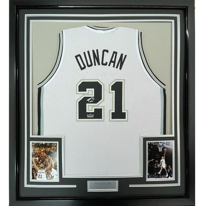 Framed Facsimile Autographed Tim Duncan 35x39 San Antonio White Reprint Laser Auto Basketball Jersey
