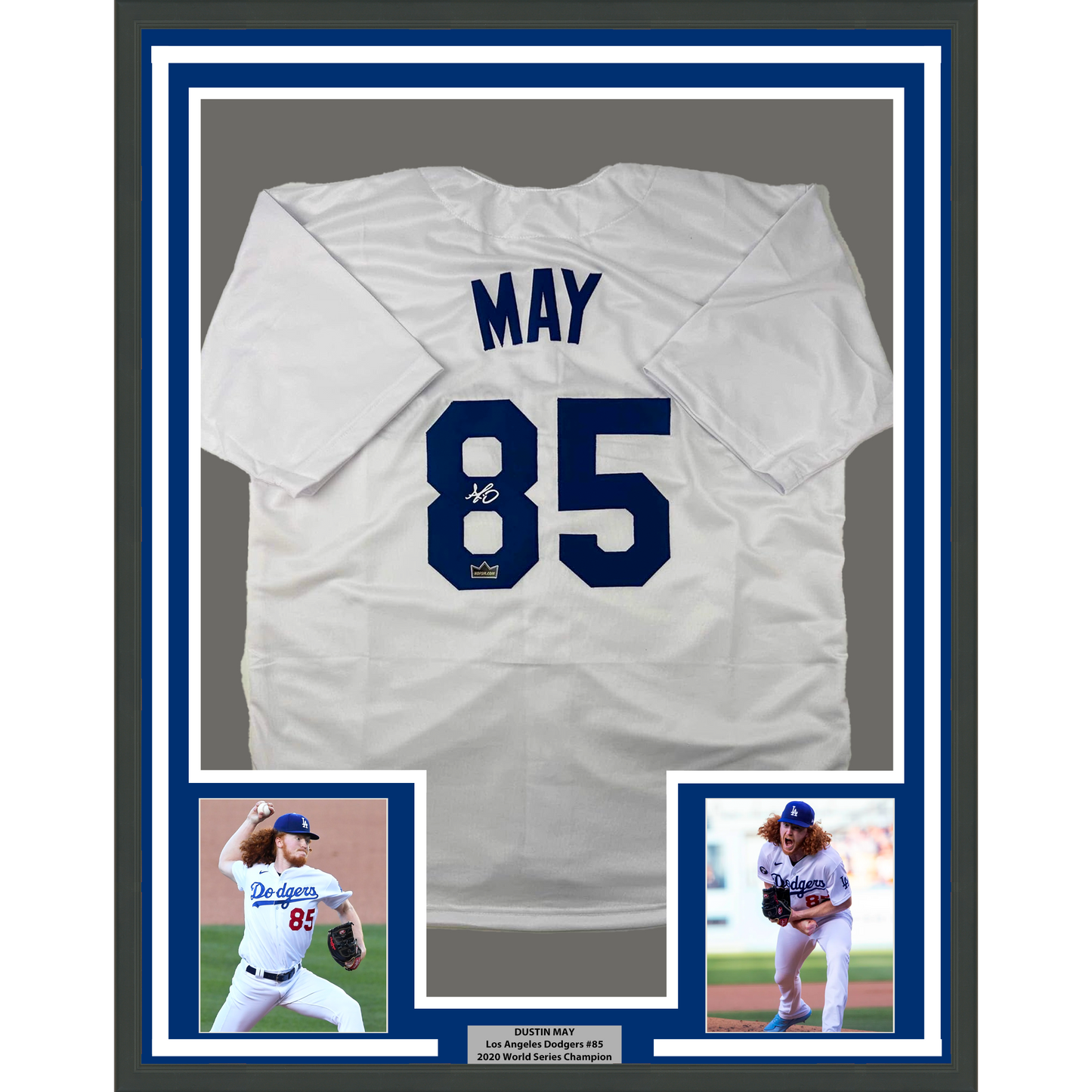 Framed Facsimile Autographed Dustin May 35x39 Los Angeles LA White Reprint Laser Auto Baseball Jersey