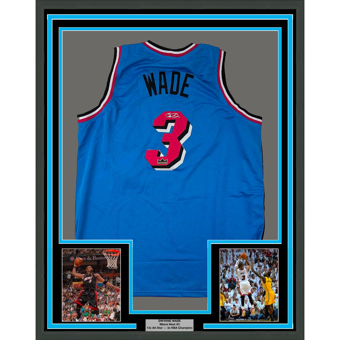 Framed Facsimile Autographed Dwyane Wade 35x39 Miami Blue Vice City Reprint Laser Auto Basketball Jersey