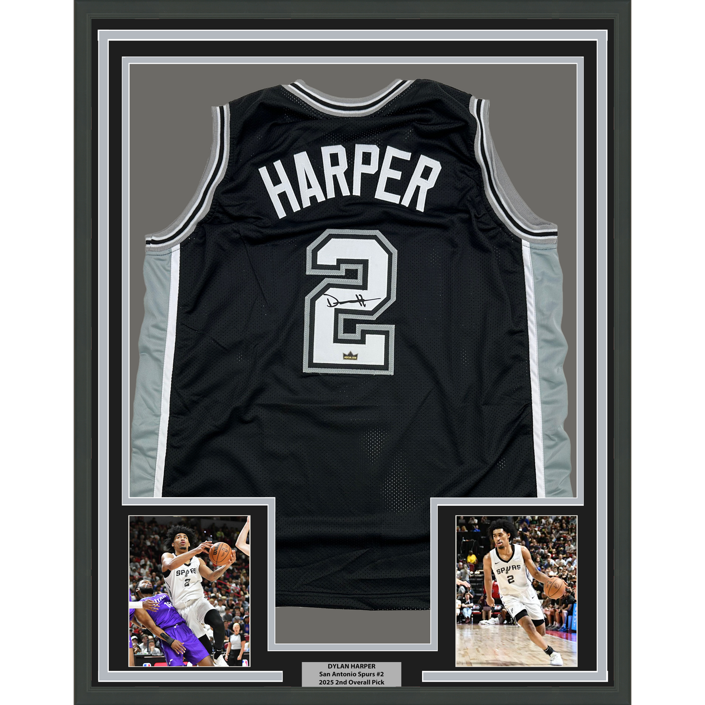 Framed Facsimile Autographed Dylan Harper 35x39 San Antonio Black Reprint Laser Auto Basketball Jersey