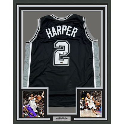 Framed Facsimile Autographed Dylan Harper 35x39 San Antonio Black Reprint Laser Auto Basketball Jersey