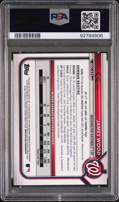 Graded 2022 Topps Bowman Draft James Wood #BDC171 Chrome Rookie RC Baseball Card PSA 10 Gem Mint