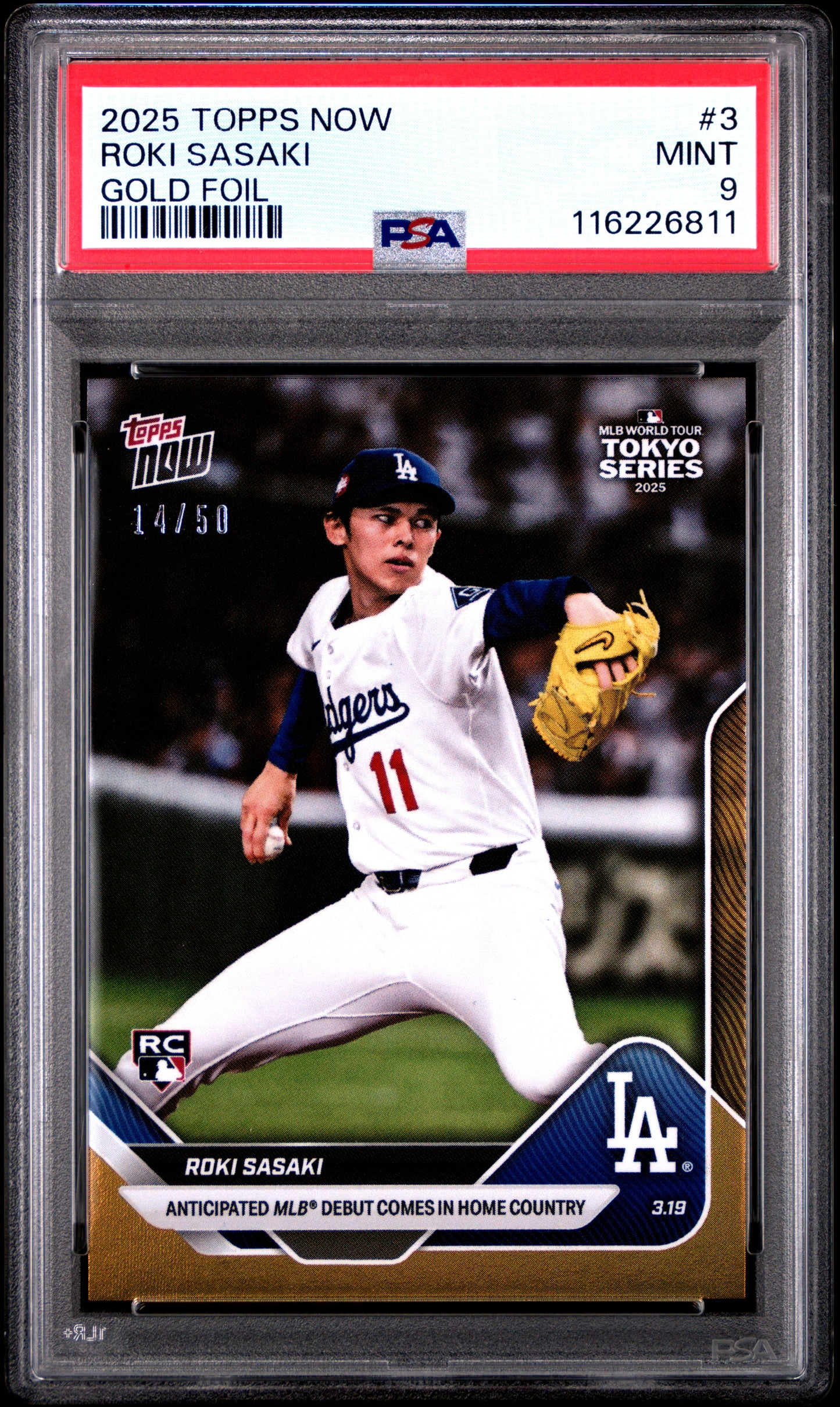 Graded 2025 Topps Now Roki Sasaki #3 Gold Foil /50 Rookie RC Baseball Card PSA 9 Mint