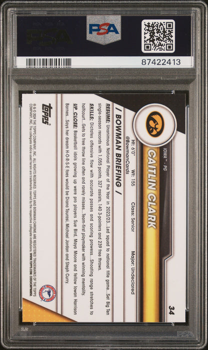 Graded 2023 Topps Bowman U Chrome Caitlin Clark #34 Xfractor Rookie RC Basketball Card PSA 10 Gem Mint