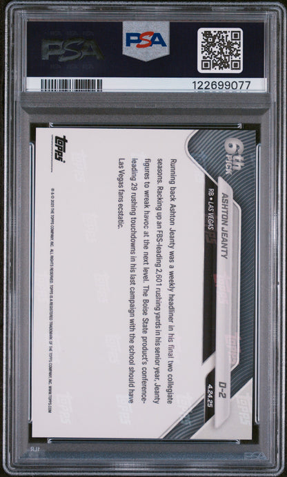 Graded 2025 Topps Now Ashton Jeanty #D2 Record Setting RB Selected 6th Overall Rookie RC Football Card PSA 10 Gem Mint