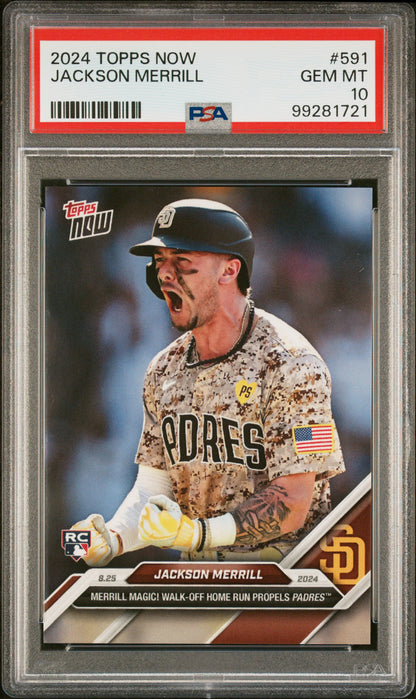 Graded 2024 Topps Now Jackson Merrill #591 Merrill Magic! Walk Off Home Run Propels Padres Rookie RC Baseball Card PSA 10 Gem Mint