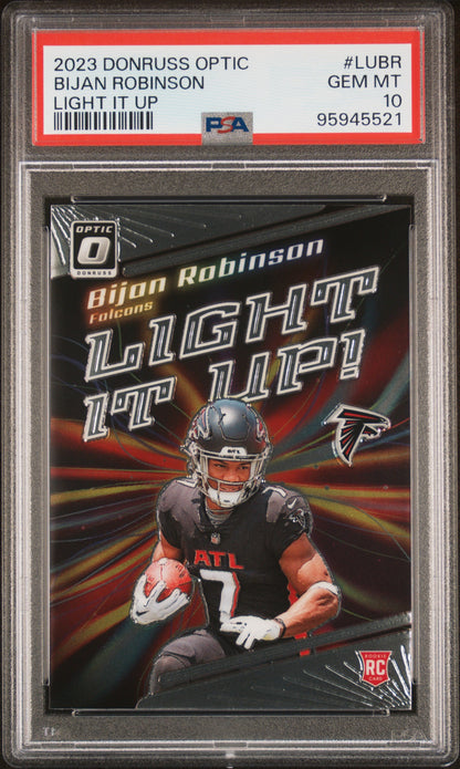 Graded 2023 Panini Donruss Optic Bijan Robinson #LUBR Light It Up Rookie RC Football Card PSA 10 Gem Mint