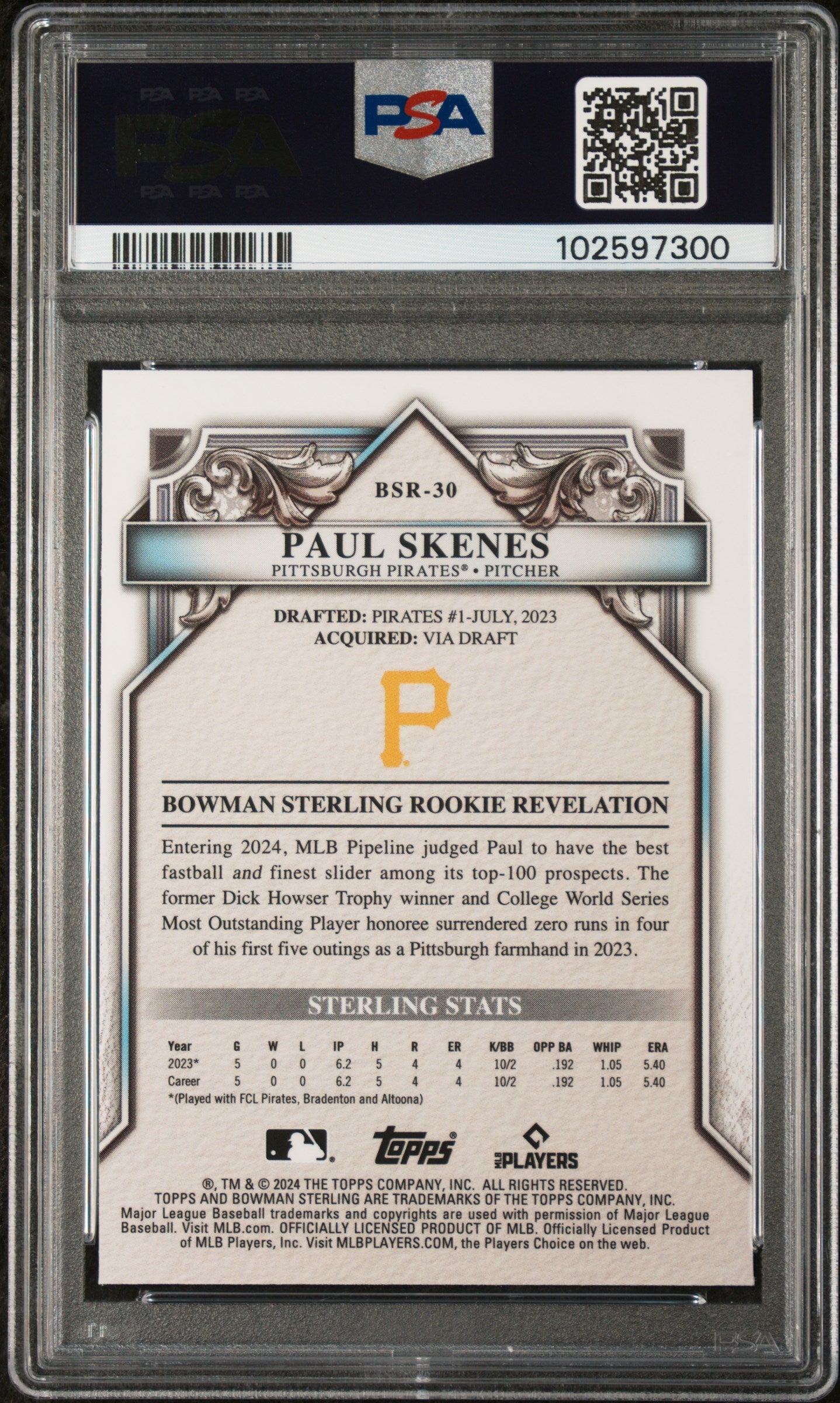 Graded 2024 Topps Bowman Sterling Paul Skenes #BSR30 Rookies Rookie RC Baseball Card PSA 10 Gem Mint