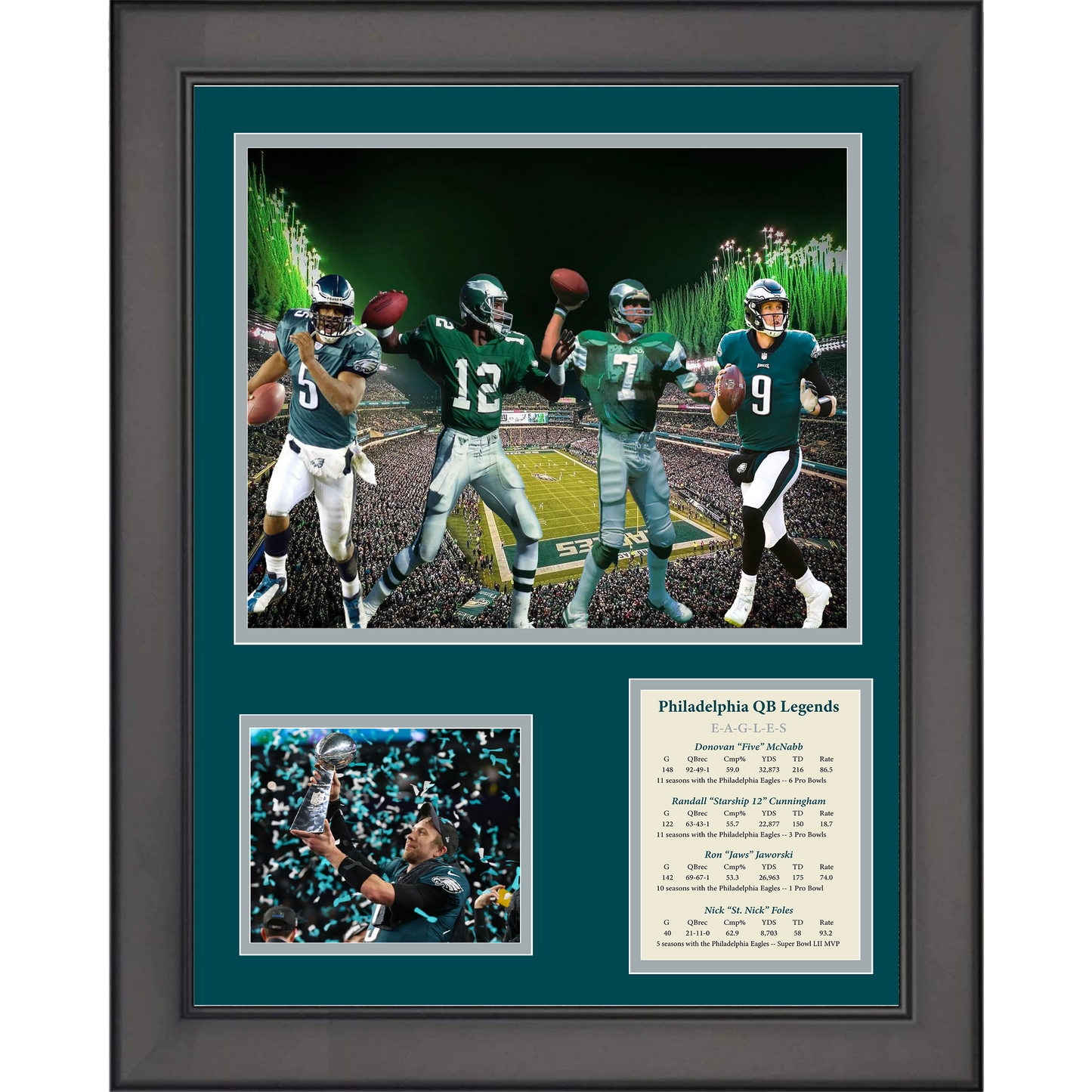 Framed Philadelphia Eagles QB Legends McNabb, Cunningham, Jaworski & Foles 11"x14" Football Three Photo Collage