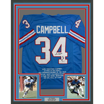 Framed Autographed/Signed Earl Campbell HOF 91 35x39 Houston Blue Stat Football Jersey JSA COA