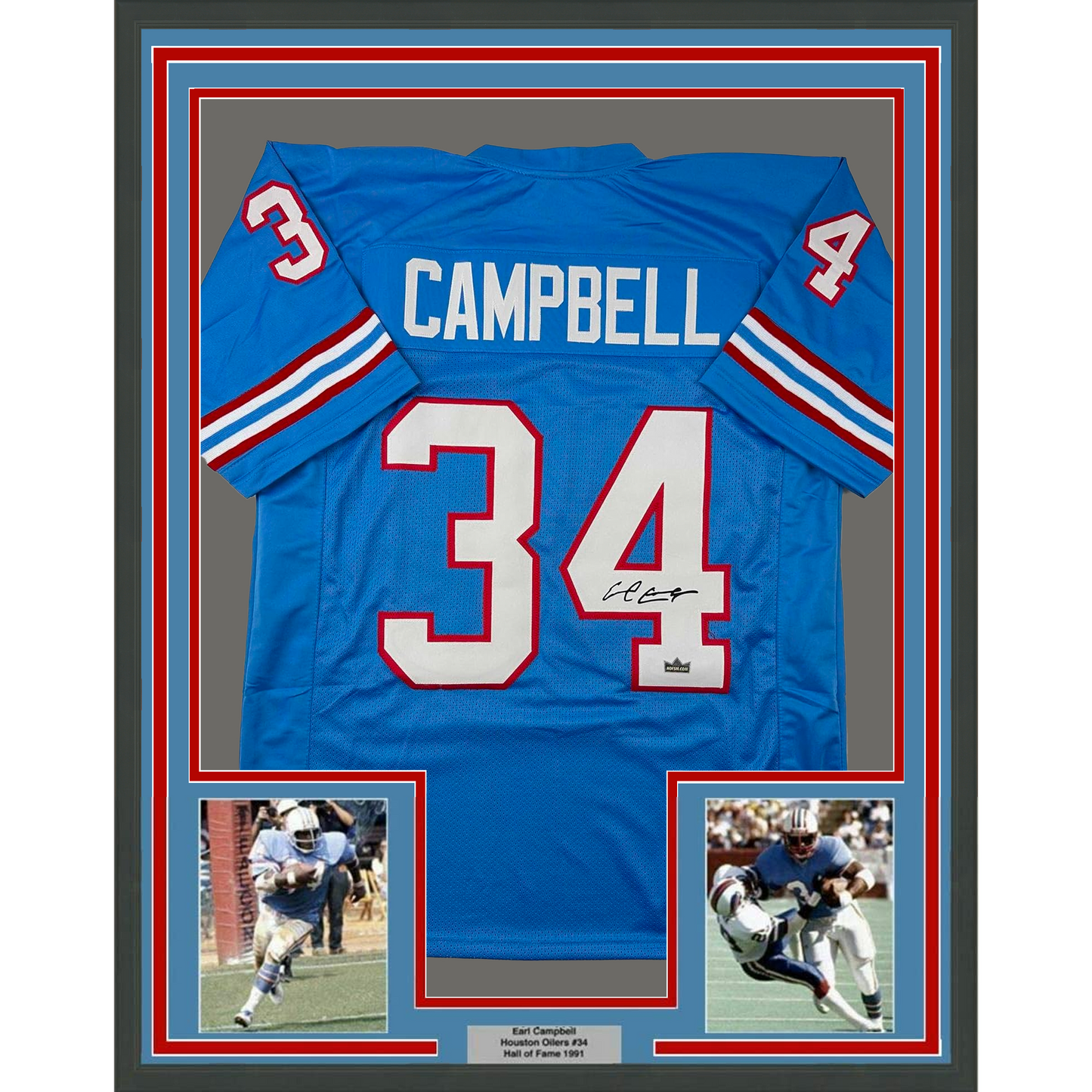 Framed Facsimile Autographed Earl Campbell 35x39 Houston Blue Reprint Laser Auto Football Jersey
