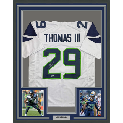 Framed Autographed/Signed Earl Thomas III 35x39 Seattle White Football Jersey Beckett BAS COA