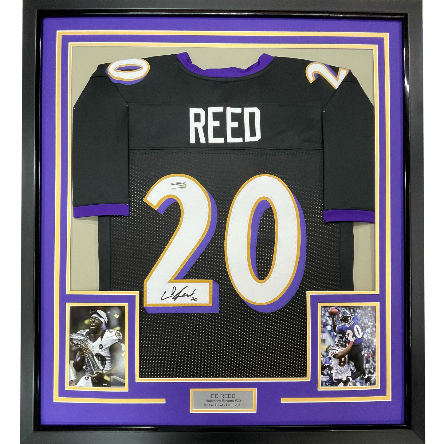 Framed Facsimile Autographed Ed Reed 35x39 Baltimore Black Reprint Laser Auto Football Jersey