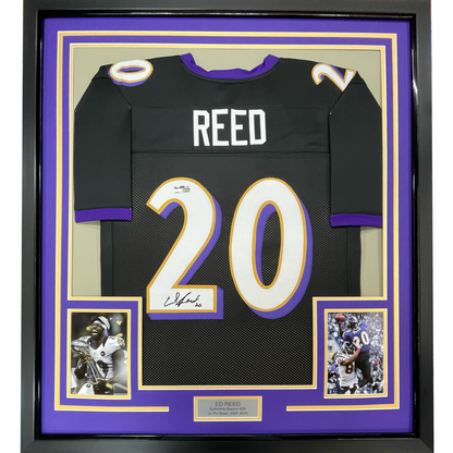 Framed Facsimile Autographed Ed Reed 35x39 Baltimore Black Reprint Laser Auto Football Jersey
