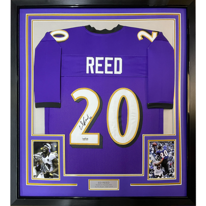 Framed Facsimile Autographed Ed Reed 35x39 Baltimore Purple Reprint Laser Auto Football Jersey Size Men's XL