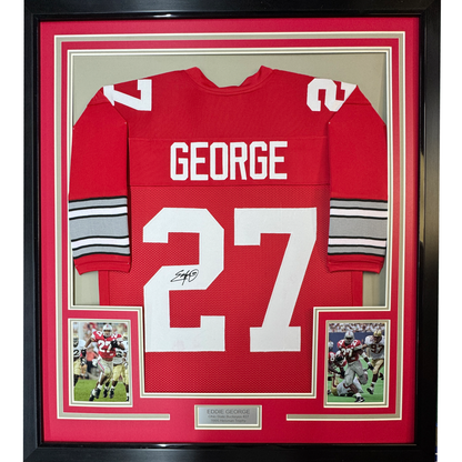 Framed Facsimile Autographed Eddie George 35x39 Ohio State Red Reprint Laser Auto College Football Jersey