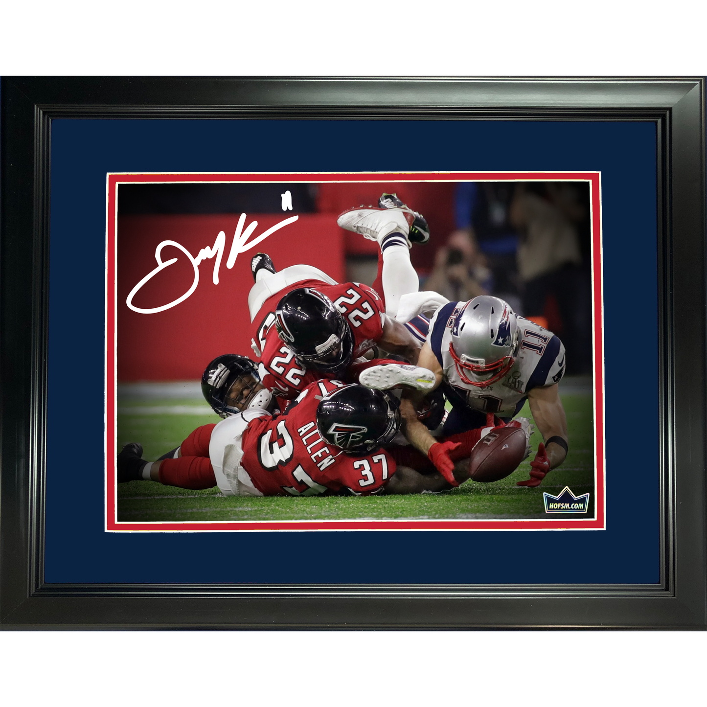 Framed Julian Edelman Super Bowl LI Catch Facsimile Laser Engraved Signature Auto New England Patriots 11"x14" Football Photo HOFSM Holo
