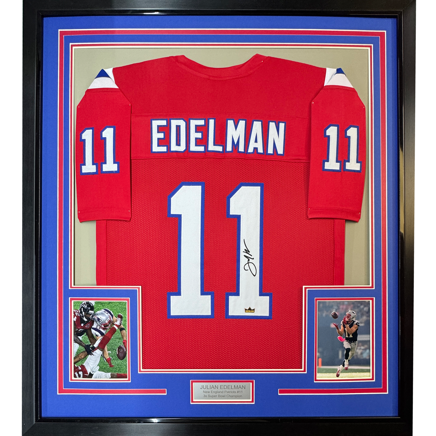 Framed Facsimile Autographed Julian Edelman 35x39 New England Red Reprint Laser Auto Football Jersey