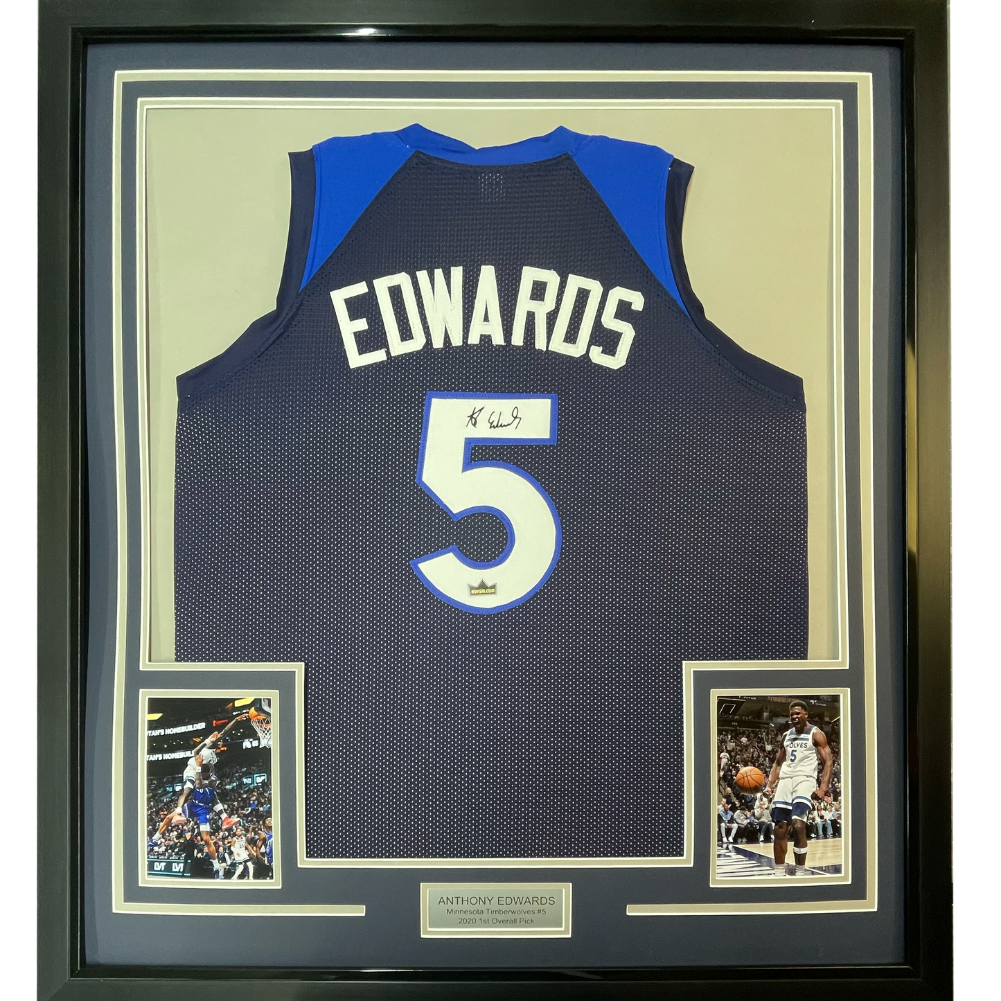 Framed Facsimile Autographed Anthony Edwards 35x39 Minnesota Blue Reprint Laser Auto Basketball Jersey