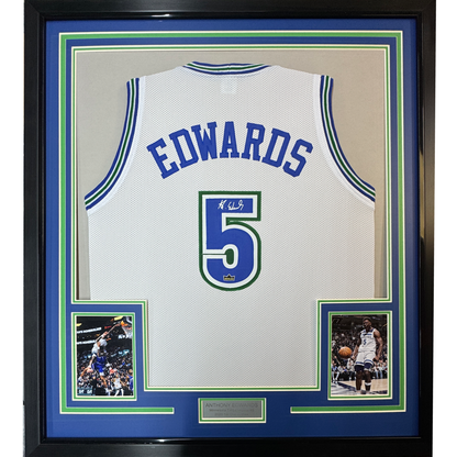 Framed Facsimile Autographed Anthony Edwards 35x39 Minnesota White Retro Reprint Laser Auto Basketball Jersey