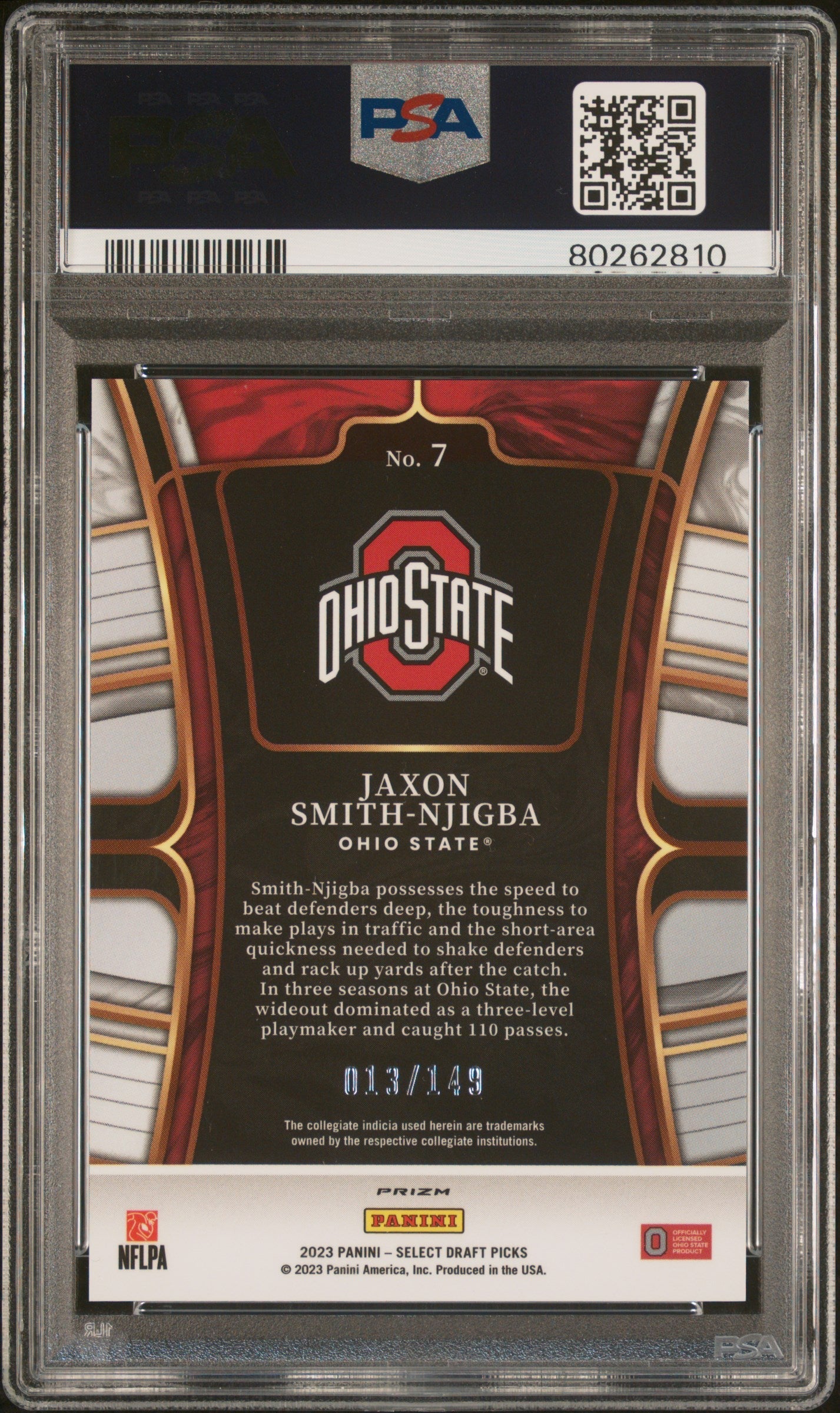 Graded 2023 Panini Select Draft Picks Jaxon Smith-Njigba #7 Red #/149 Rookie RC Football Card PSA 10 Gem Mint