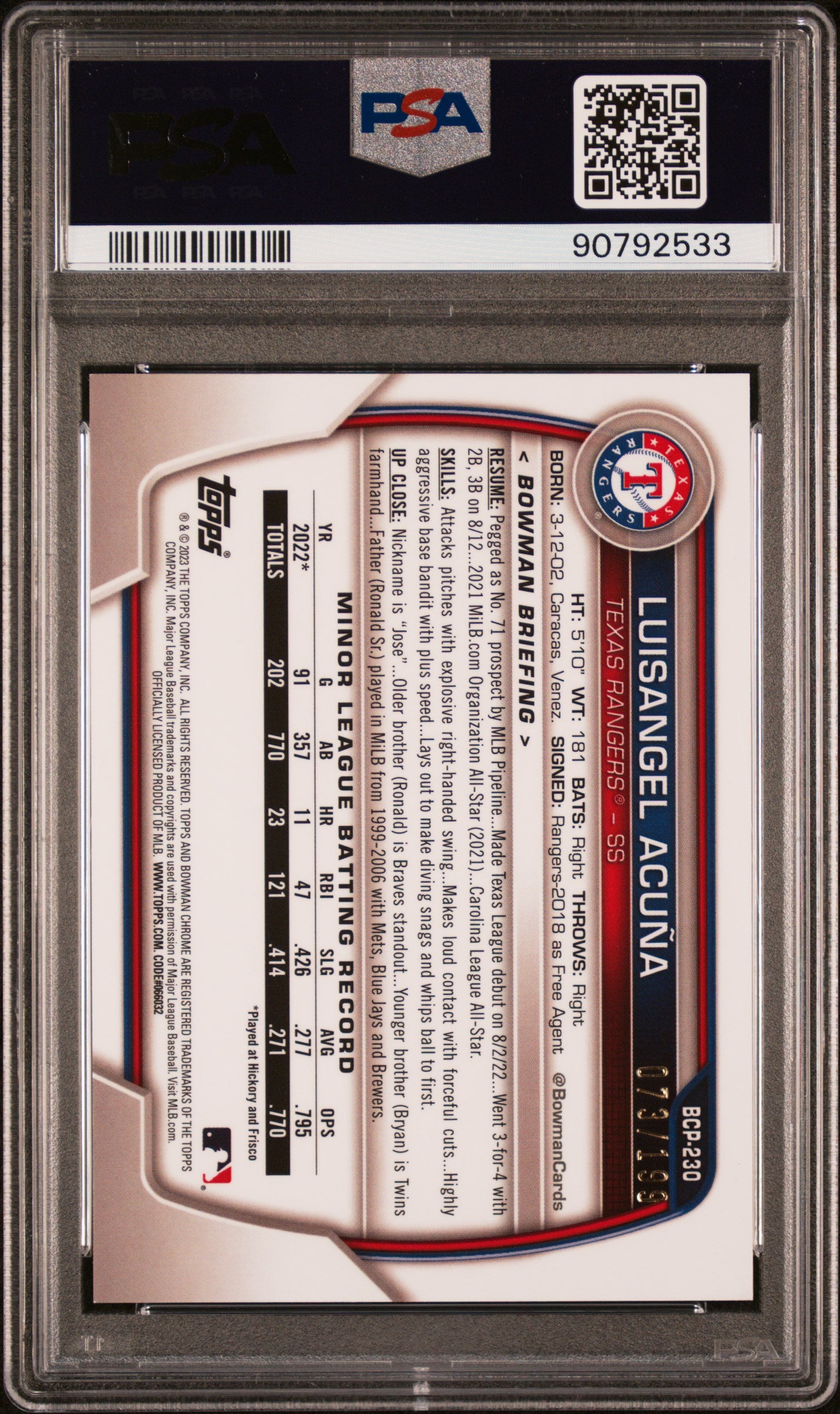 Graded 2023 Topps Bowman Chrome Mega Box Luisangel Acuna #230 Pink /199 Rookie RC Baseball Card PSA 10 Gem Mint