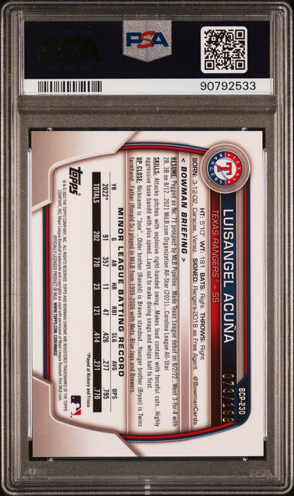 Graded 2023 Topps Bowman Chrome Mega Box Luisangel Acuna #230 Pink /199 Rookie RC Baseball Card PSA 10 Gem Mint