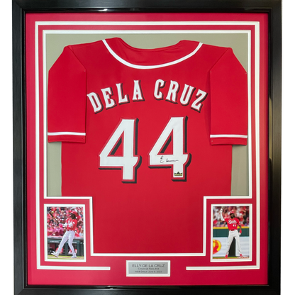 Framed Facsimile Autographed Elly De La Cruz 35x39 Cincinnati Red Reprint Laser Auto Baseball Jersey