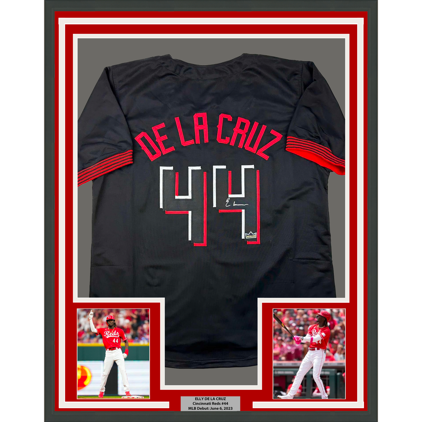 Framed Facsimile Autographed Elly De La Cruz 35x39 Cincinnati Black City Connect Reprint Laser Auto Baseball Jersey
