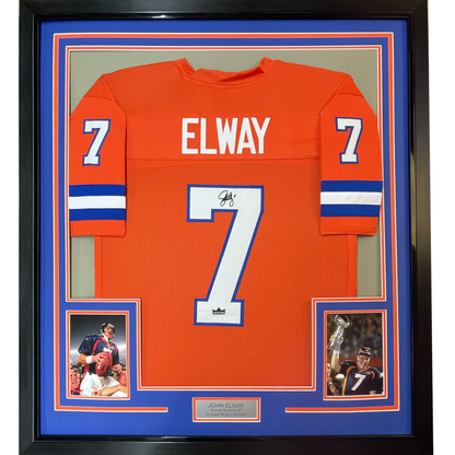 Framed Facsimile Autographed John Elway 35x39 Denver Orange Retro Reprint Laser Auto Football Jersey