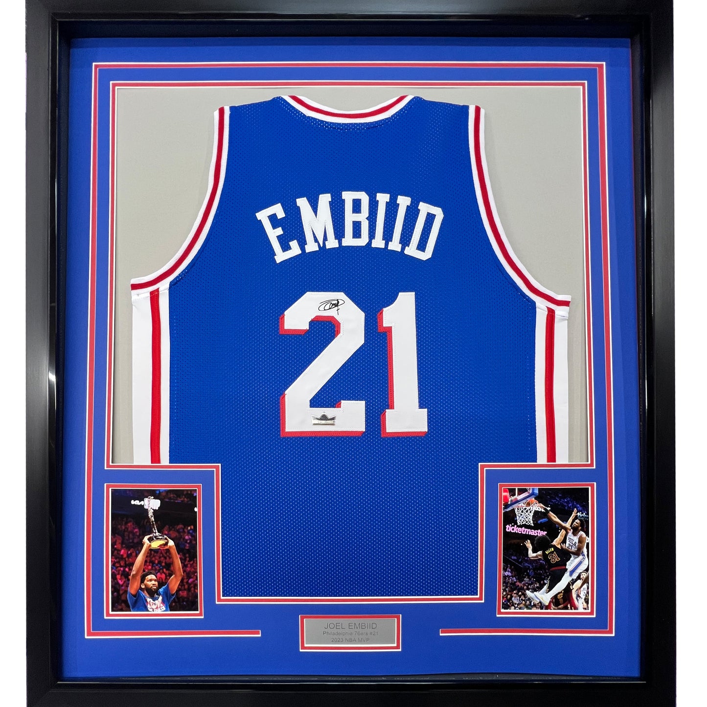 Framed Facsimile Autographed Joel Embiid 35x39 Philadelphia Blue Reprint Laser Auto Basketball Jersey