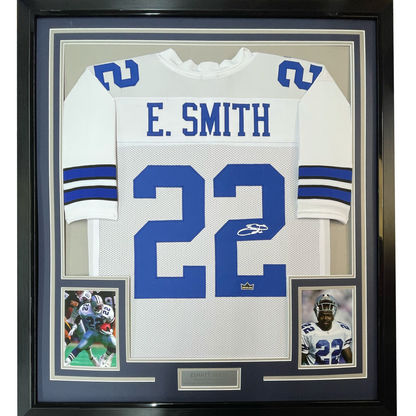 Framed Facsimile Autographed Emmitt Smith Dallas 35x39 White Reprint Laser Auto Football Jersey