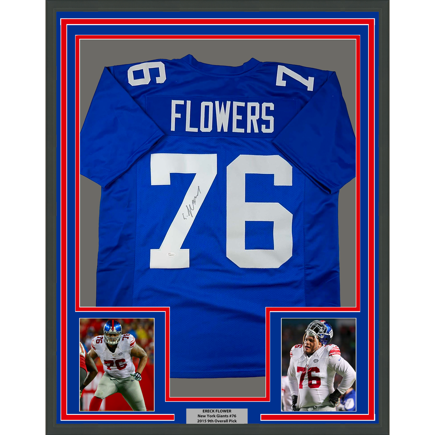 Framed Autographed/Signed Ereck Flowers 35x39 New York Blue Football Jersey JSA COA