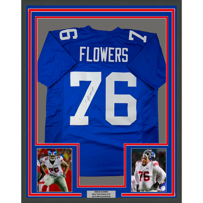Framed Autographed/Signed Ereck Flowers 35x39 New York Blue Football Jersey JSA COA