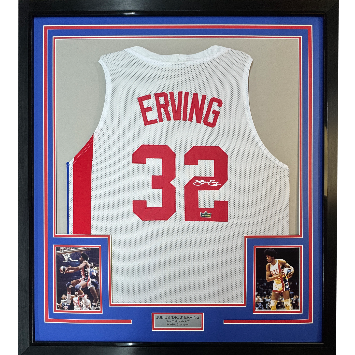 Framed Facsimile Autographed Julius Erving Dr. J 35x39 New York NY White ABA Reprint Laser Auto Basketball Jersey